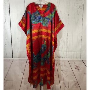 Winlar VTG Kaftan Red Peacock Satin Caftan MuuMuu Loungewear Resort Mrs Roper